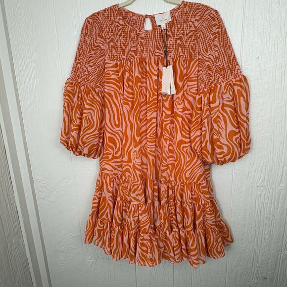 Cinq a Sept Billowed Sleeve Rika Dress Size 6 Orange Pink Smocked Boatneck NWT - Picture 5 of 14